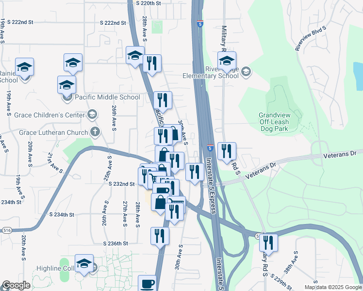 map of restaurants, bars, coffee shops, grocery stores, and more near 22855 30th Avenue South in Des Moines