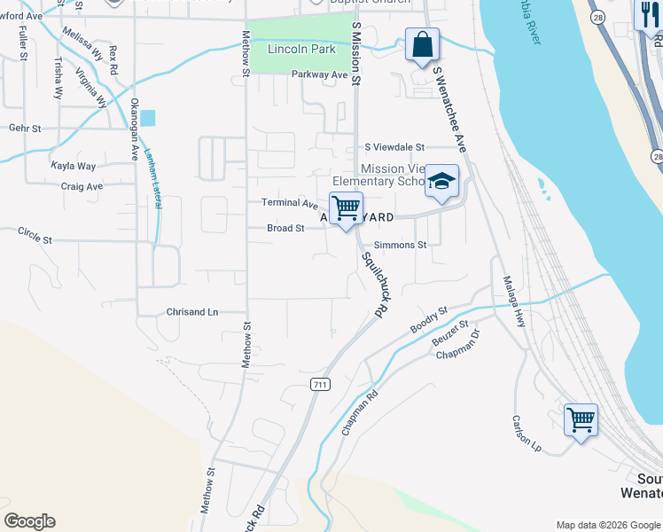 map of restaurants, bars, coffee shops, grocery stores, and more near 1800 South Mission Street in Wenatchee