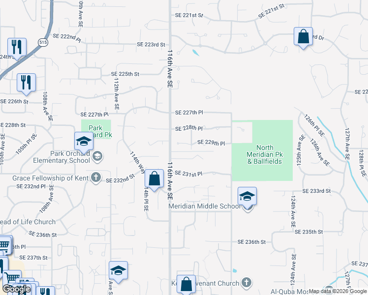 map of restaurants, bars, coffee shops, grocery stores, and more near 11636 Southeast 230th Place in Kent
