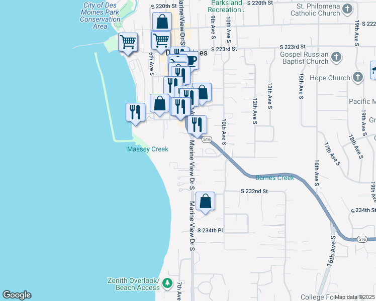 map of restaurants, bars, coffee shops, grocery stores, and more near 23008 Marine View Drive South in Des Moines