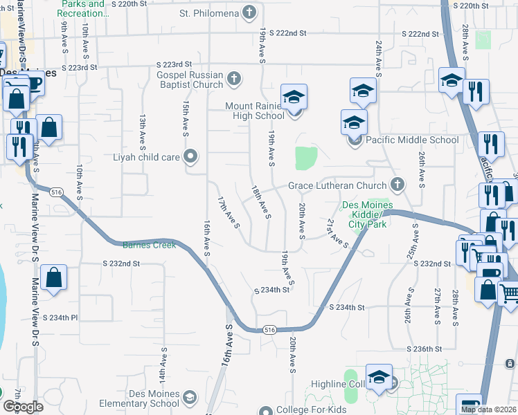 map of restaurants, bars, coffee shops, grocery stores, and more near 23034 Thunderbird Drive South in Des Moines