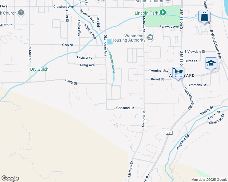 map of restaurants, bars, coffee shops, grocery stores, and more near 565 Circle Street in Wenatchee