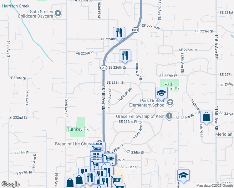 map of restaurants, bars, coffee shops, grocery stores, and more near 10531 Southeast 229th Place in Kent