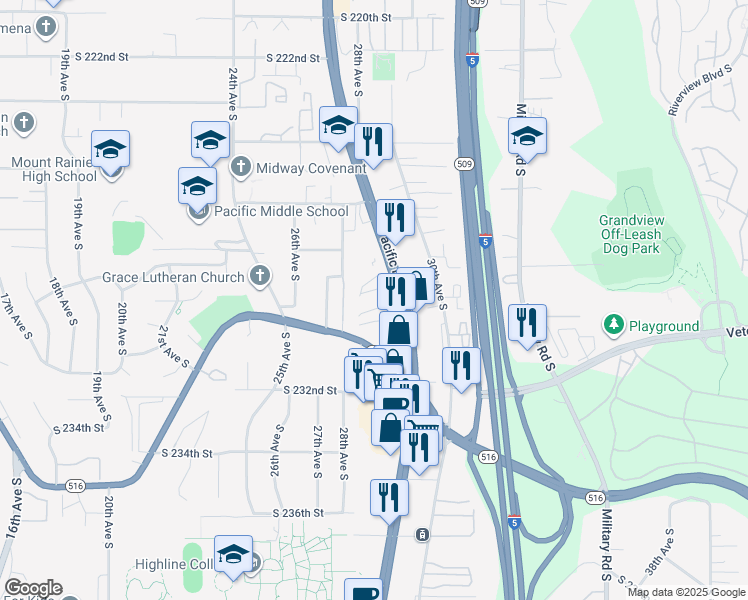map of restaurants, bars, coffee shops, grocery stores, and more near 22837 Pacific Highway South in Des Moines