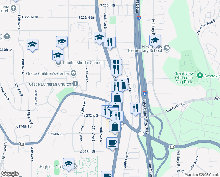 map of restaurants, bars, coffee shops, grocery stores, and more near 22815 Pacific Highway South in Des Moines