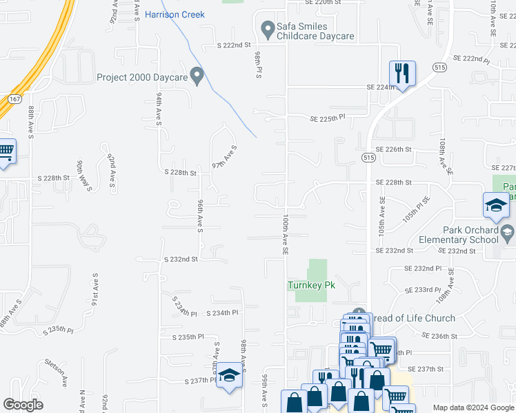 map of restaurants, bars, coffee shops, grocery stores, and more near 9823 South 229th Place in Kent