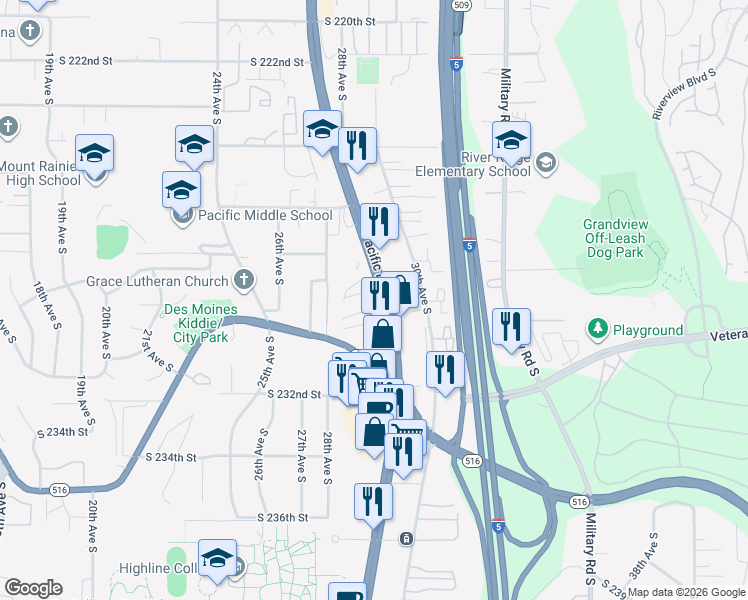 map of restaurants, bars, coffee shops, grocery stores, and more near 22837 Pacific Highway South in Des Moines