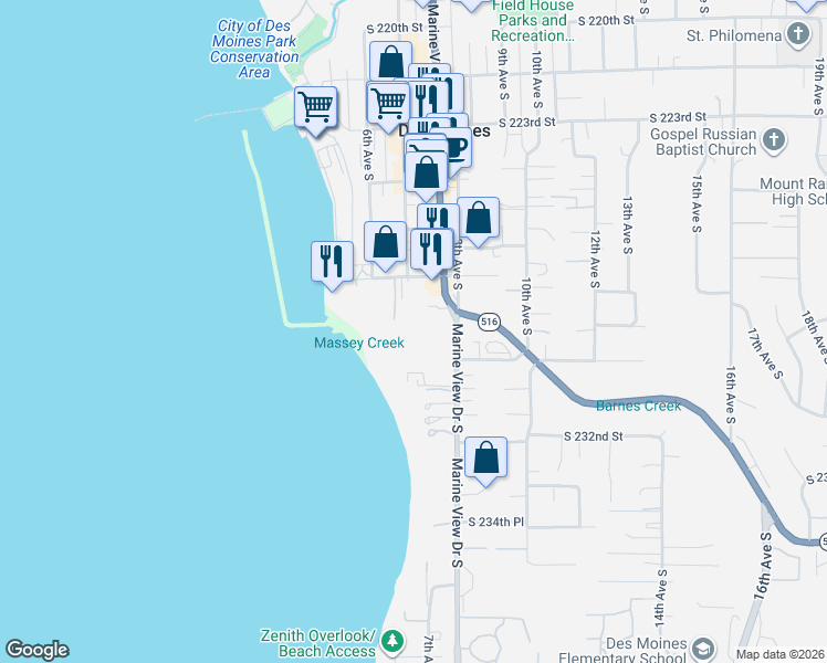 map of restaurants, bars, coffee shops, grocery stores, and more near 22749 Marine View Drive in Des Moines