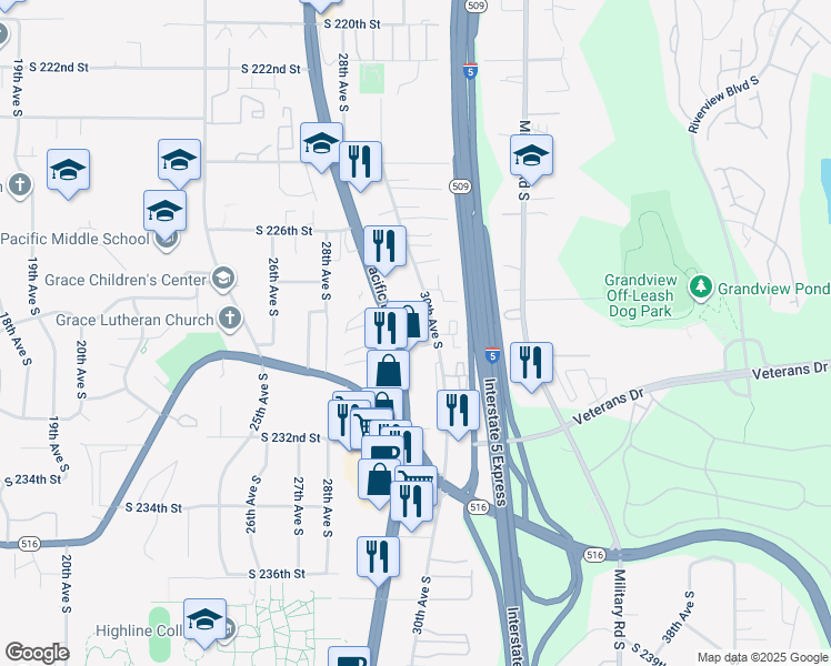 map of restaurants, bars, coffee shops, grocery stores, and more near 22820 Pacific Highway South in Des Moines
