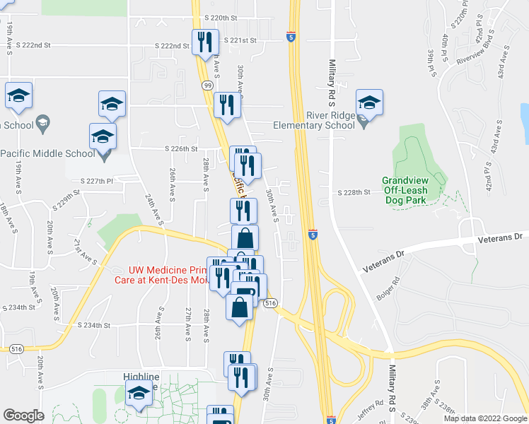 map of restaurants, bars, coffee shops, grocery stores, and more near 22831 30th Avenue South in Des Moines