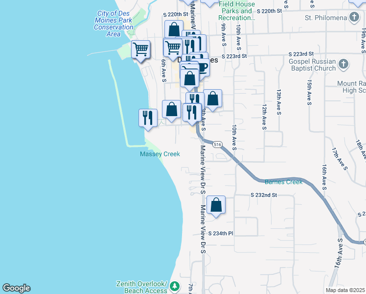 map of restaurants, bars, coffee shops, grocery stores, and more near 22739 Marine View Drive South in Des Moines
