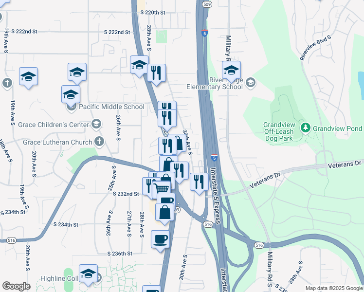 map of restaurants, bars, coffee shops, grocery stores, and more near 22831 30th Avenue South in Des Moines