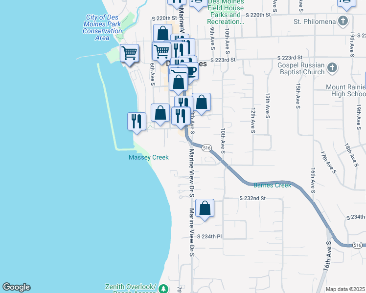 map of restaurants, bars, coffee shops, grocery stores, and more near 22739 Marine View Drive South in Des Moines