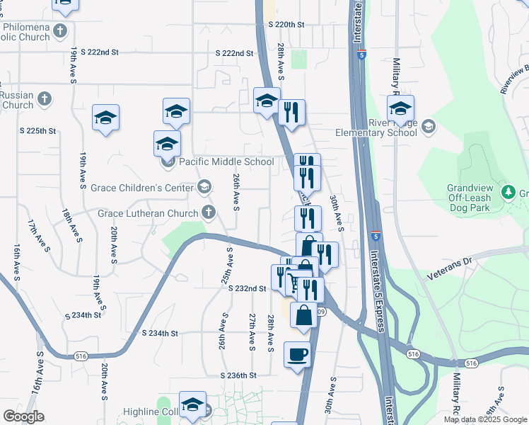 map of restaurants, bars, coffee shops, grocery stores, and more near 22802 27th Avenue South in Des Moines