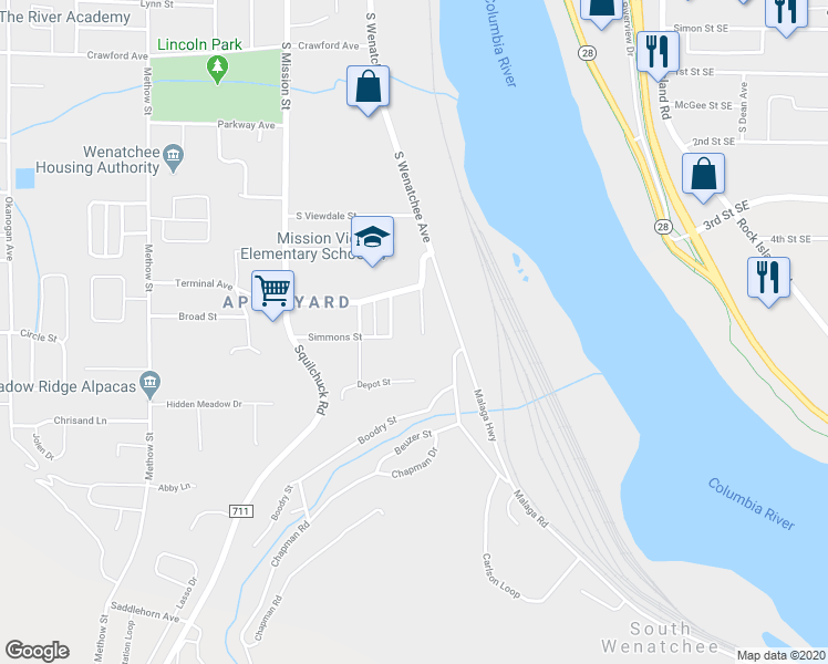 map of restaurants, bars, coffee shops, grocery stores, and more near 1796 Marker Avenue in Wenatchee