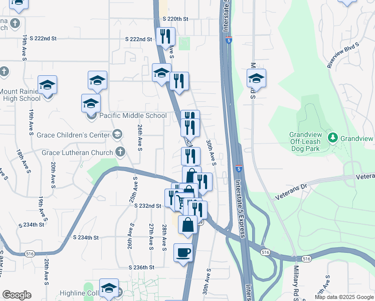 map of restaurants, bars, coffee shops, grocery stores, and more near 22815 Pacific Highway South in Des Moines
