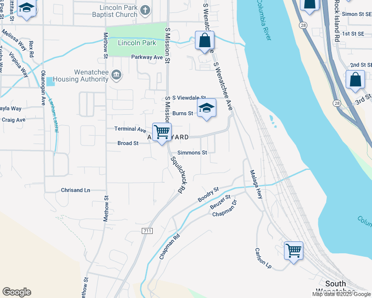 map of restaurants, bars, coffee shops, grocery stores, and more near 142 Simmons Street in Wenatchee