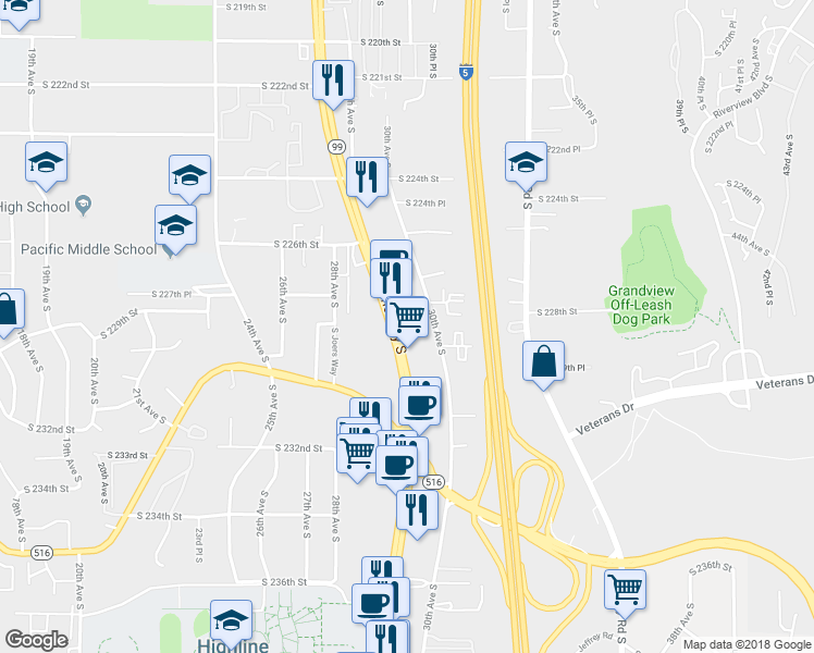 map of restaurants, bars, coffee shops, grocery stores, and more near 22820 Pacific Highway South in Des Moines