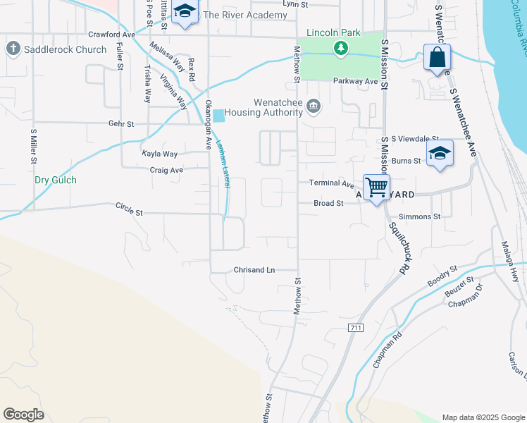 map of restaurants, bars, coffee shops, grocery stores, and more near 1713 Lincoln Park Circle in Wenatchee