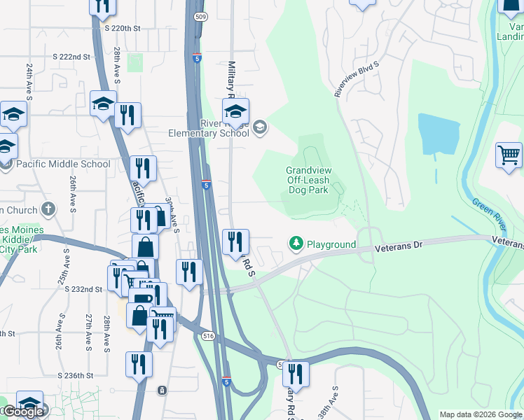 map of restaurants, bars, coffee shops, grocery stores, and more near 3503 South 228th Street in SeaTac