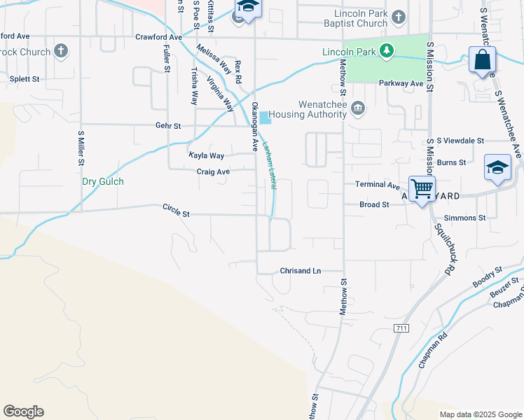 map of restaurants, bars, coffee shops, grocery stores, and more near 1700 Danny Boy Lane in Wenatchee