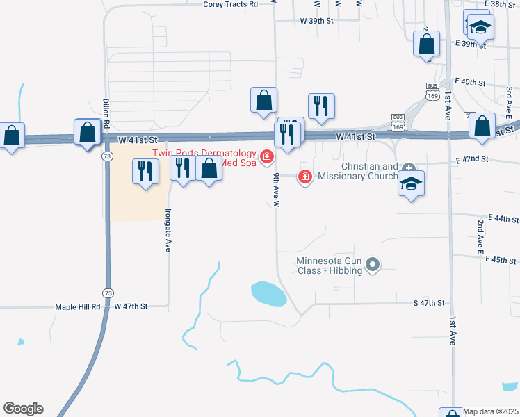 map of restaurants, bars, coffee shops, grocery stores, and more near 4325 9th Avenue West in Hibbing