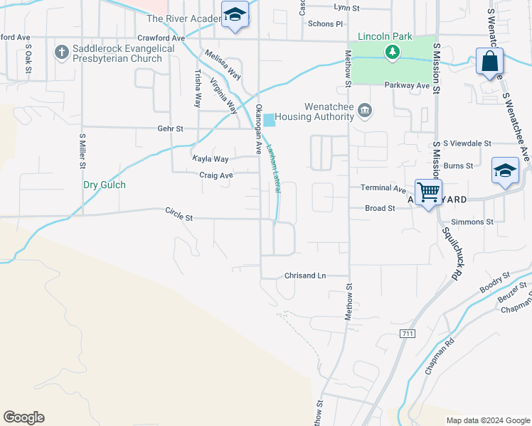 map of restaurants, bars, coffee shops, grocery stores, and more near 1700 Danny Boy Lane in Wenatchee