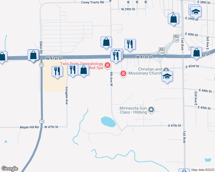 map of restaurants, bars, coffee shops, grocery stores, and more near 4325 9th Avenue West in Hibbing