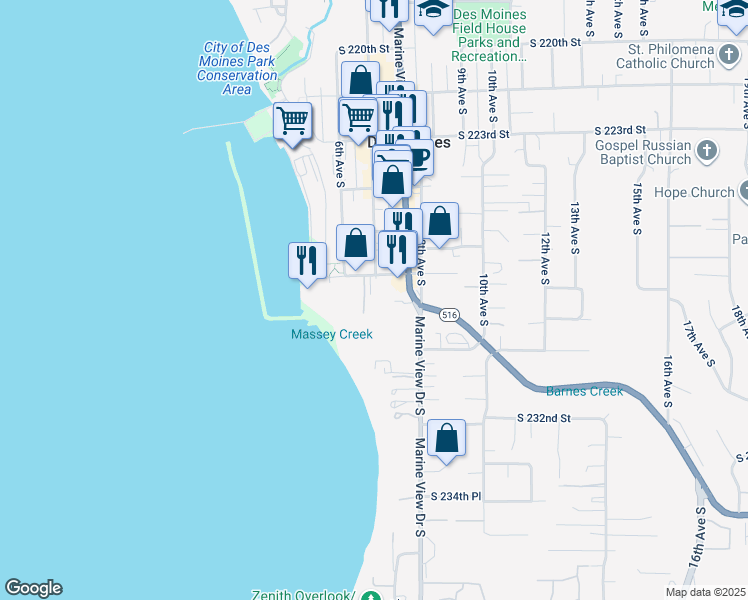 map of restaurants, bars, coffee shops, grocery stores, and more near 627 South 227th Street in Des Moines