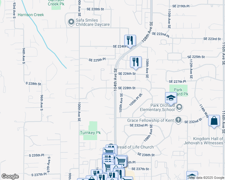 map of restaurants, bars, coffee shops, grocery stores, and more near 10319 Southeast 228th Street in Kent