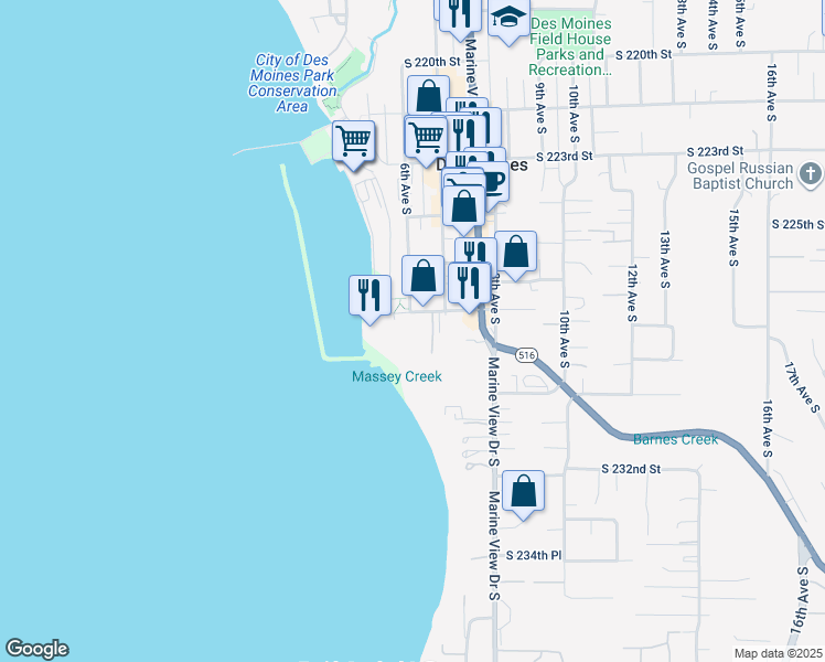 map of restaurants, bars, coffee shops, grocery stores, and more near 601 South 227th Street in Des Moines