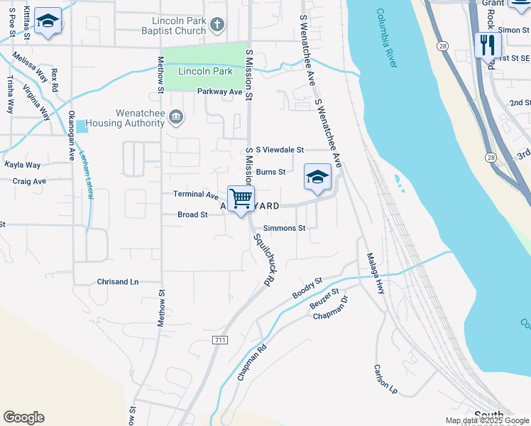 map of restaurants, bars, coffee shops, grocery stores, and more near 142 Simmons Street in Wenatchee