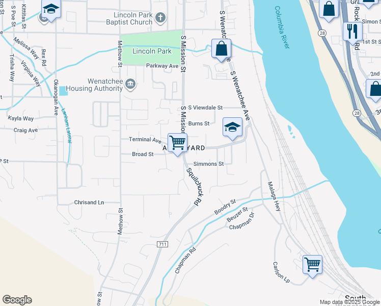 map of restaurants, bars, coffee shops, grocery stores, and more near 1780 South Mission Street in Wenatchee