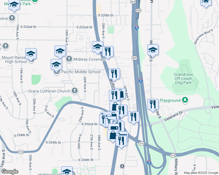 map of restaurants, bars, coffee shops, grocery stores, and more near 22815 Pacific Highway South in Des Moines