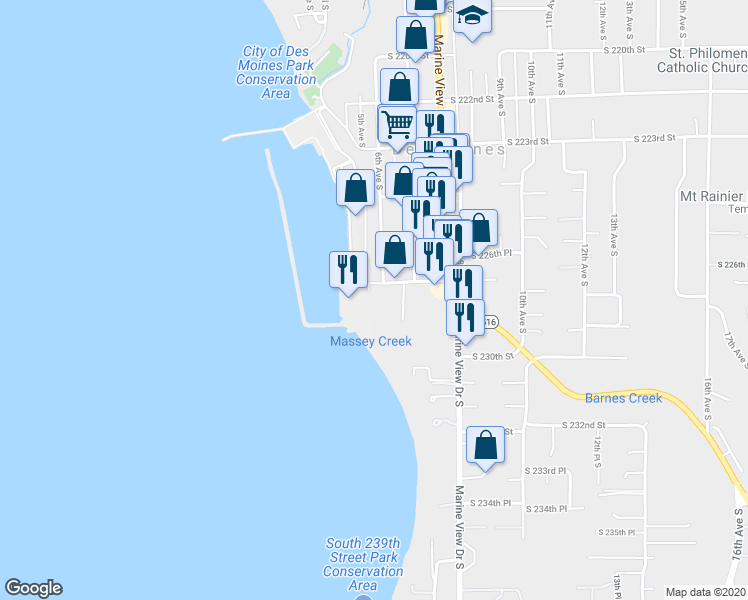map of restaurants, bars, coffee shops, grocery stores, and more near 22737 Marine View Drive South in Des Moines