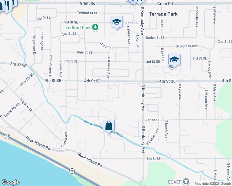 map of restaurants, bars, coffee shops, grocery stores, and more near 407 South Kansas Loop in East Wenatchee