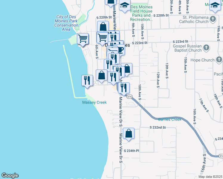 map of restaurants, bars, coffee shops, grocery stores, and more near 627 South 227th Street in Des Moines