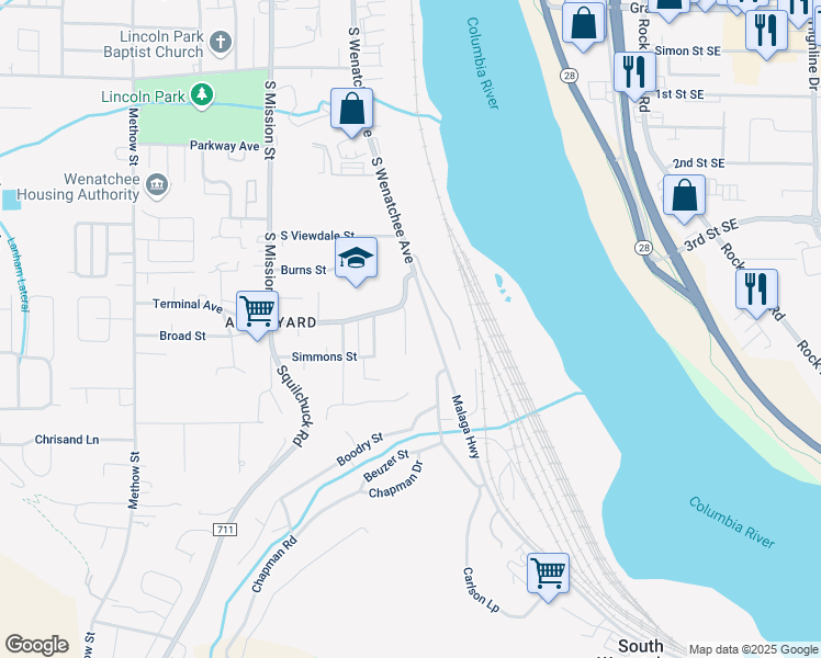 map of restaurants, bars, coffee shops, grocery stores, and more near 1790 South Wenatchee Avenue in Wenatchee