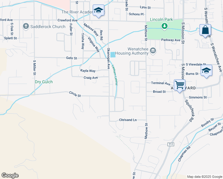 map of restaurants, bars, coffee shops, grocery stores, and more near 1706 Danny Boy Lane in Wenatchee