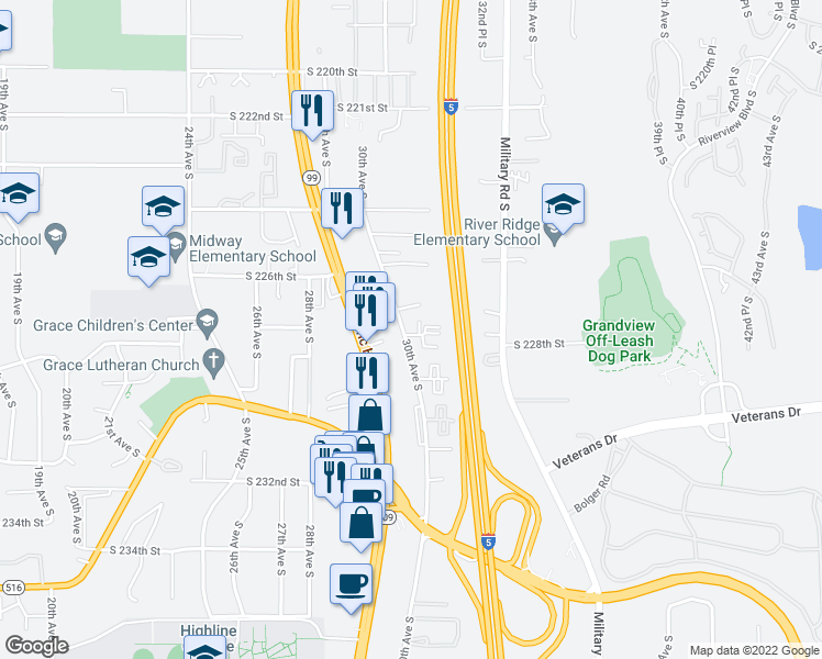 map of restaurants, bars, coffee shops, grocery stores, and more near 22400 30th Avenue South in Des Moines
