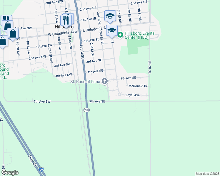 map of restaurants, bars, coffee shops, grocery stores, and more near 501-503 3rd Street Southeast in Hillsboro