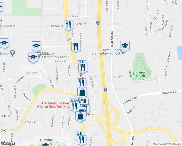 map of restaurants, bars, coffee shops, grocery stores, and more near 22400 30th Avenue South in Des Moines