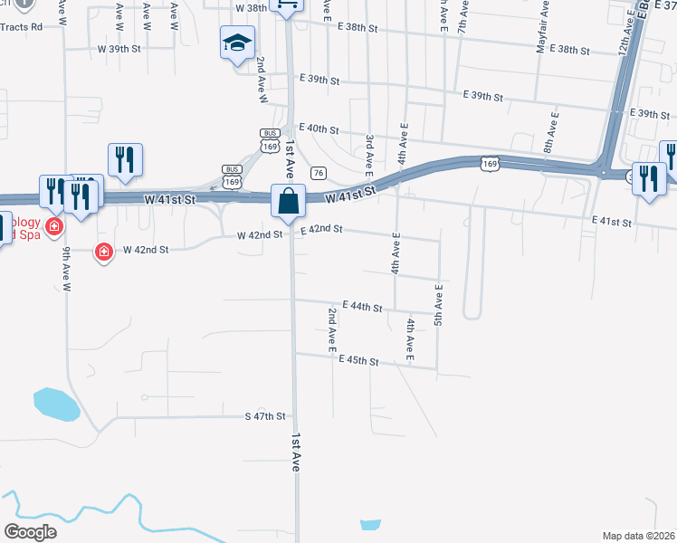 map of restaurants, bars, coffee shops, grocery stores, and more near 222 East 42nd Street in Hibbing