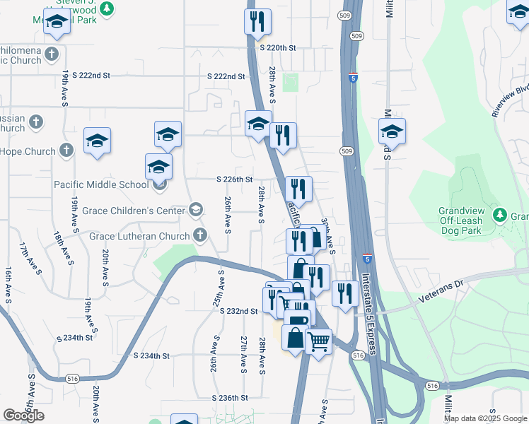 map of restaurants, bars, coffee shops, grocery stores, and more near 22615 28th Avenue South in Des Moines