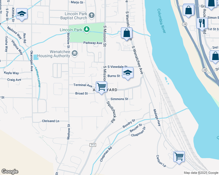 map of restaurants, bars, coffee shops, grocery stores, and more near 1704 South Mission Street in Wenatchee