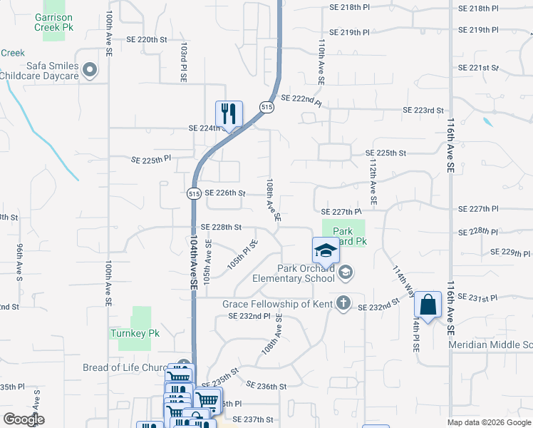 map of restaurants, bars, coffee shops, grocery stores, and more near 22617 108th Avenue Southeast in Kent