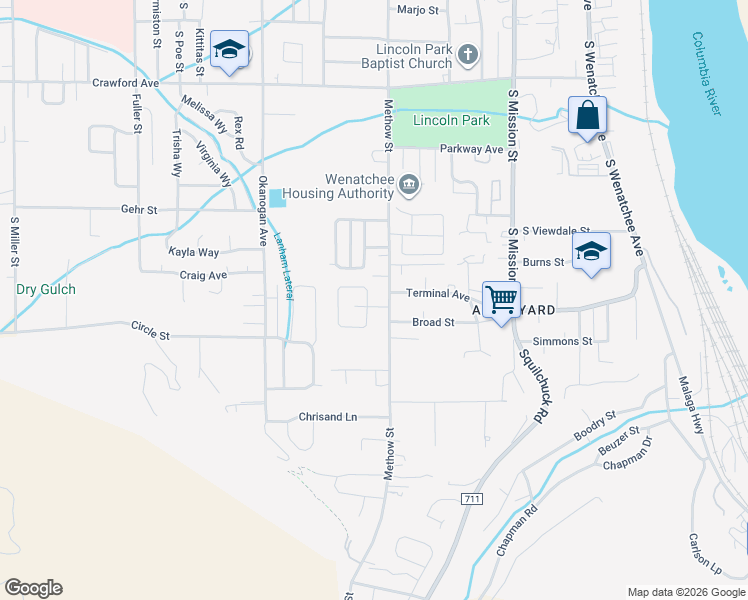 map of restaurants, bars, coffee shops, grocery stores, and more near 1706 Methow Street in Wenatchee