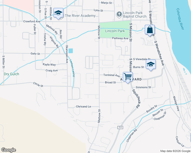 map of restaurants, bars, coffee shops, grocery stores, and more near 1706 Methow Street in Wenatchee