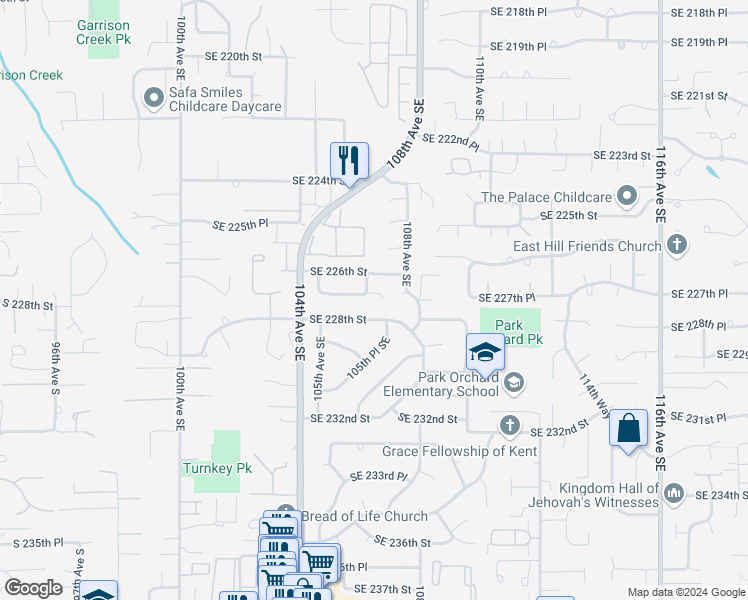 map of restaurants, bars, coffee shops, grocery stores, and more near 10603 Southeast 226th Street in Kent