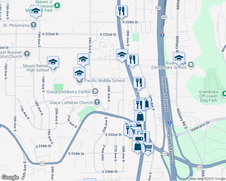 map of restaurants, bars, coffee shops, grocery stores, and more near 22606 26th Avenue South in Des Moines